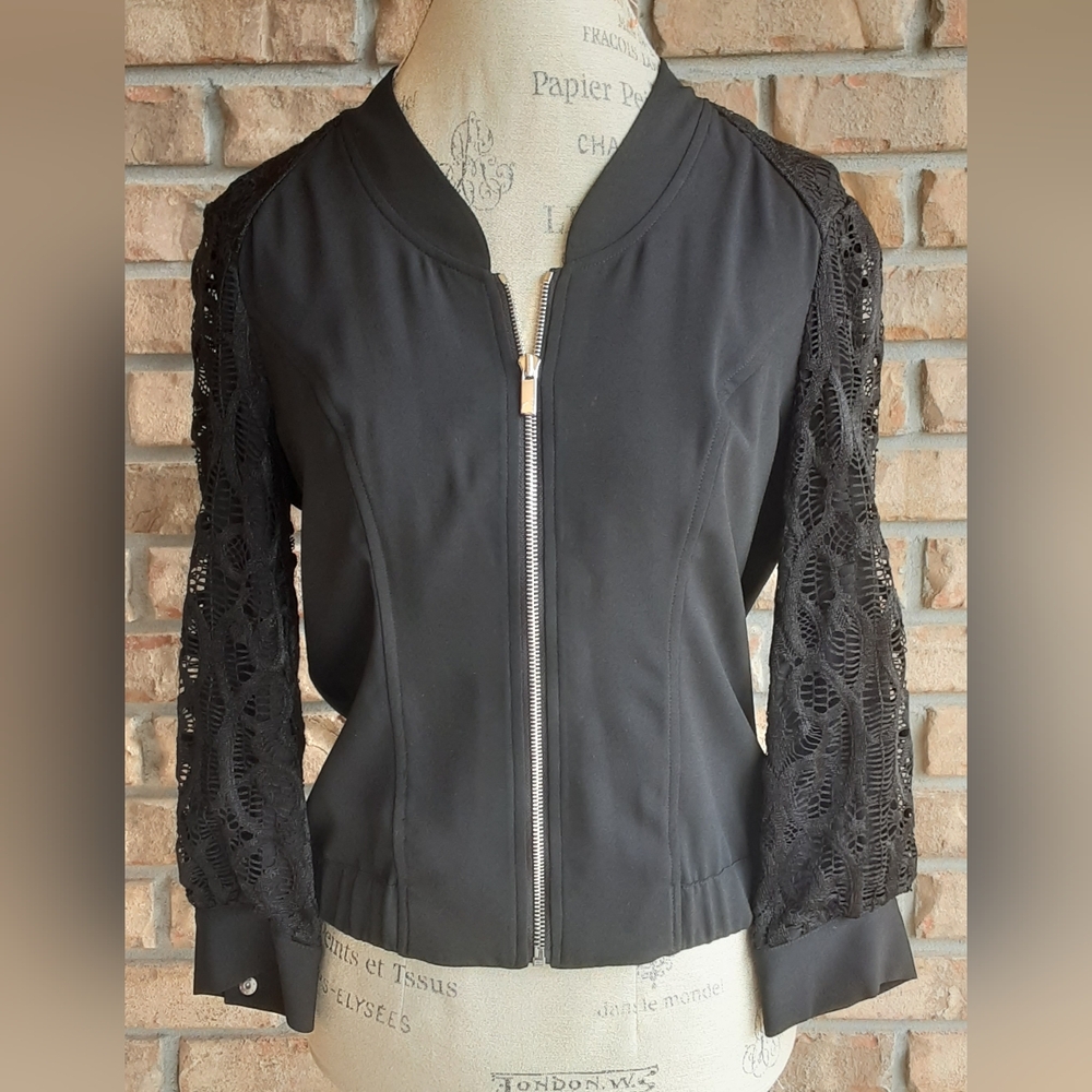 Cache Black Bomber Jacket with Lace Sleeves